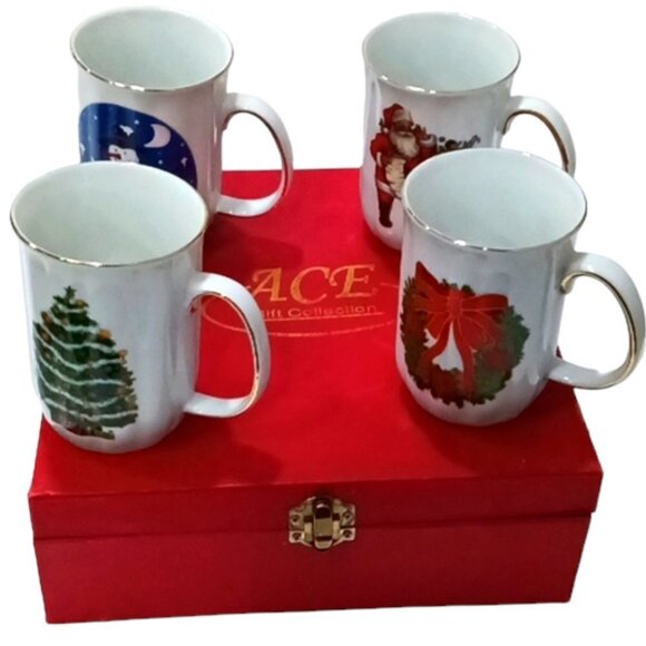 Vintage Christmas Mugs Set of 4 Fine Porcelain Ace Gift Collection Gold Trim - Picture 1 of 10